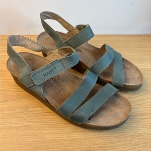 Naot Kayla Leather Wedge Sandals Slate Blue Womens Size 7 Made in Israel